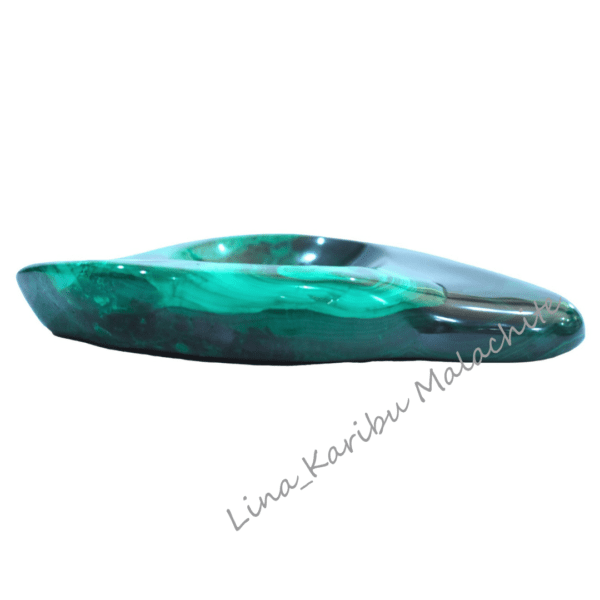 Handmade malachite ashtray, polished green with natural banded patterns, 500.9g. Luxury gift, souvenir, and unique decor item, crafted in the Democratic Republic of the Congo.