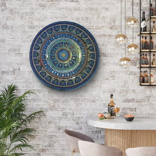 Hand-painted blue mandala art on a white brick wall in a stylish bar setting.