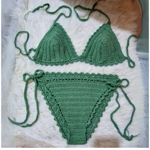 Handmade crochet bikini set in sage green, featuring a triangle top and high-waisted bottom with scalloped edges.