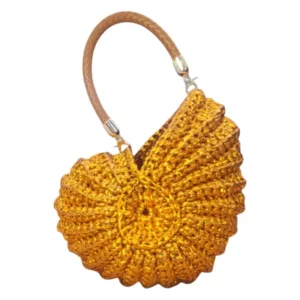 Yellow Ammara Crochet Shell Bag with round tan handle