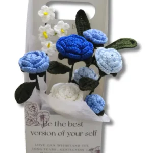 Elegant gift box with blue crochet roses and handmade floral arrangement