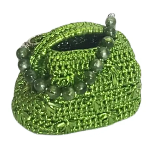 handmade metallic green crochet bag with palm motif and stone beaded handle